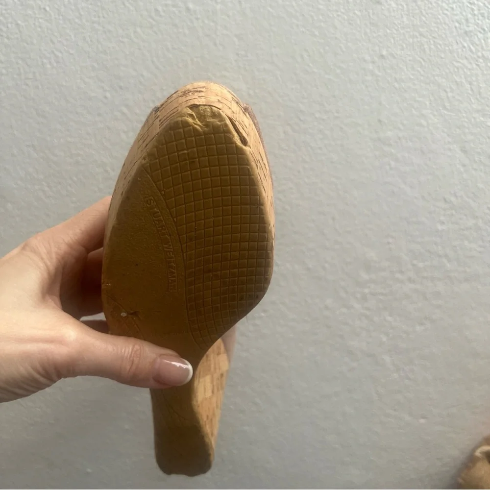 Stuart Weitzman Anna Wedge Peep Toe Designer Shoes Women Sz 8‎ Tan Suede Luxury